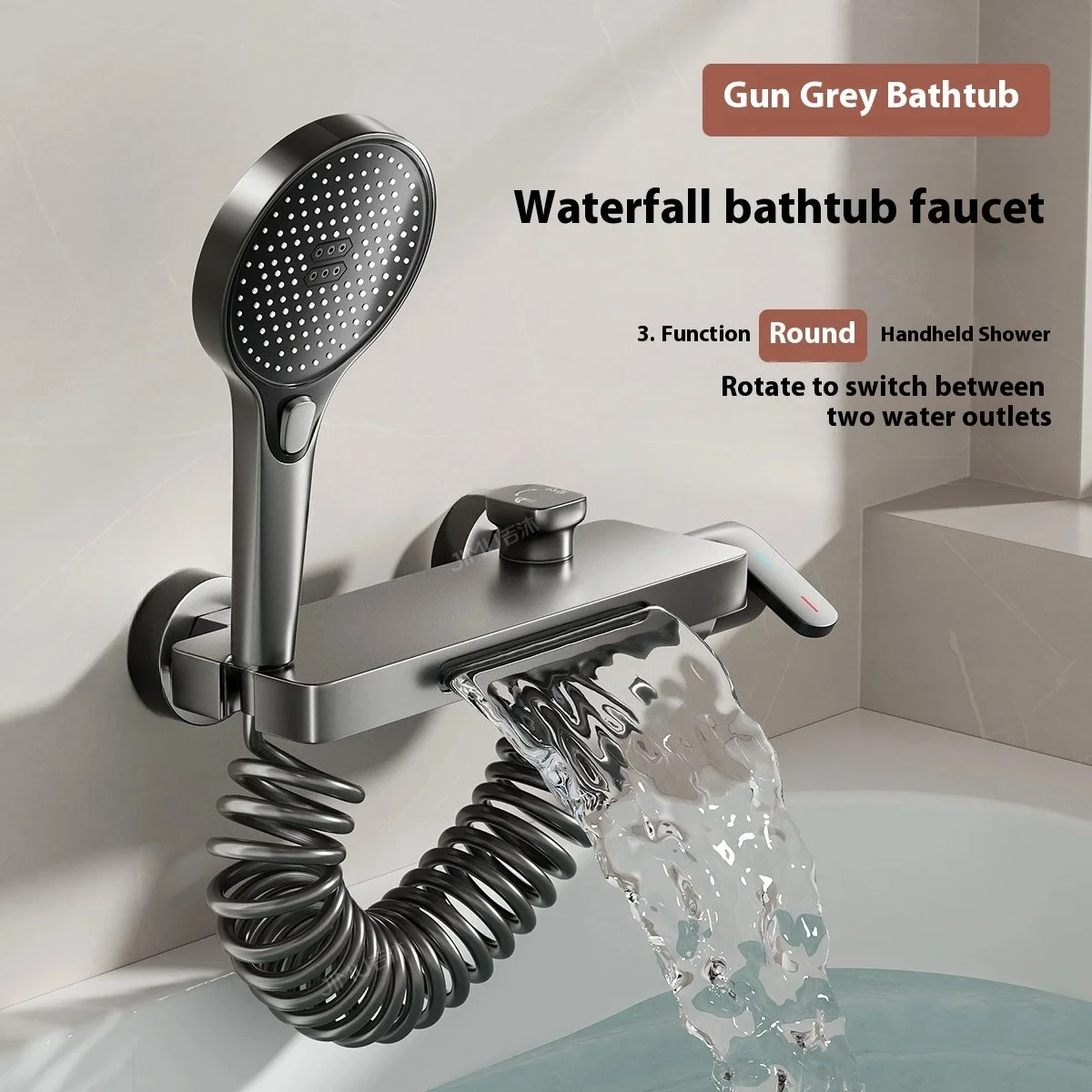 

Cream Style Solid Brass Wall Mounted Bathtub Faucet with Waterfall Spout High Flow Mixing Valve Shower Kit Showerhead Set