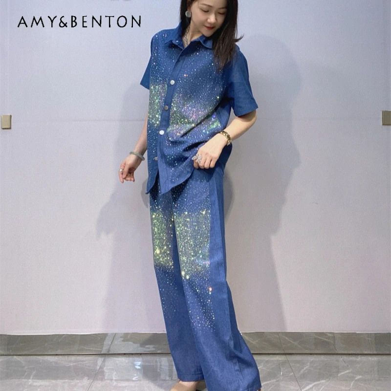

Summer Heavy Craft Rhinestone Oversized Denim Shirt Set Women's Elastic Waist Wide Leg Long Pants Trendy Brand Two Piece Suit