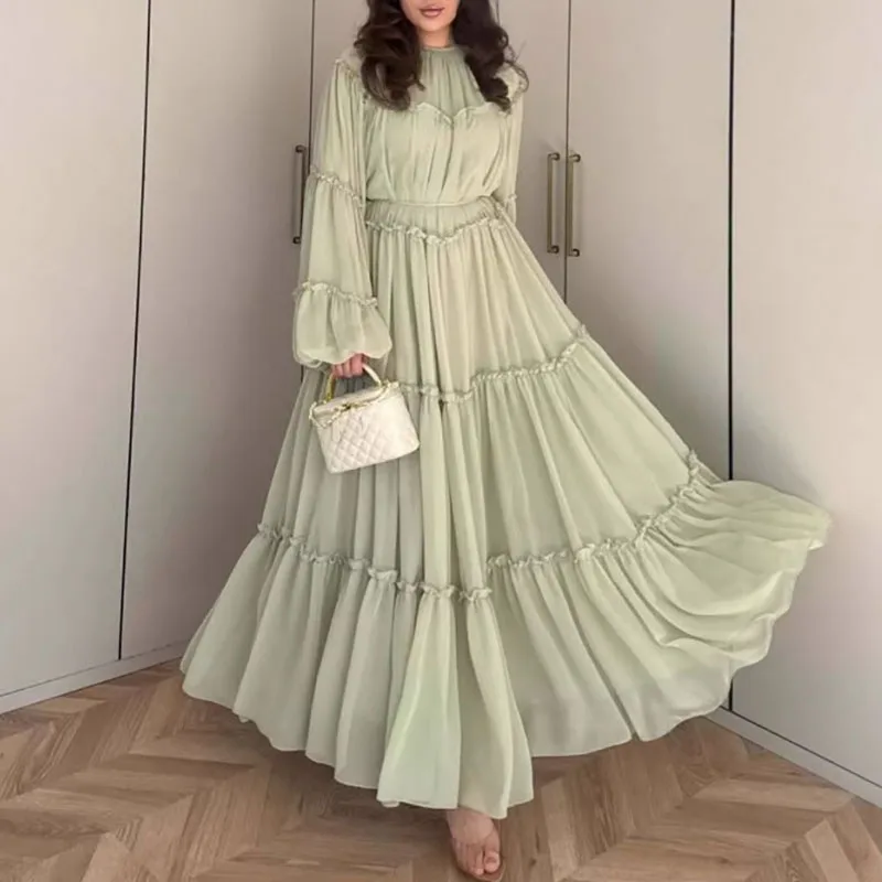 

Элегантное однотонное плиссированное платье для вечеринок, стильное, с завышенной талией, свободное плиссированное макси-платье, летнее шифоновое платье с длинным рукавом для отпуска