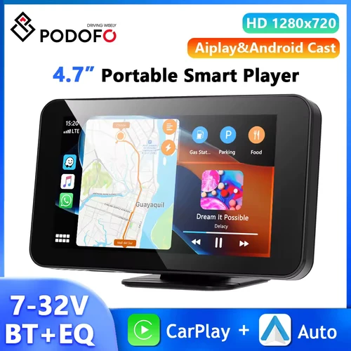 Podofo-Monitor de coche de 4,7 pulgadas, CarPlay, Android, Auto EQ, sonido, tablero, reproductor de pantalla inteligente, AUX, Airplay, Android Cast, Bluetooth, FM, AUX