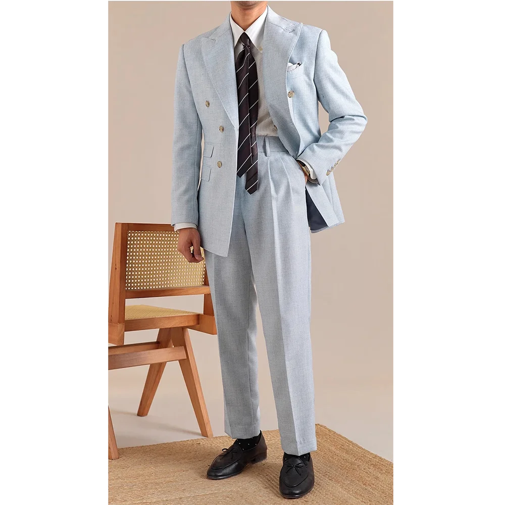 

2025 Spring British Style Men Blazers Double Breasted Casual Suit Jacket Pants Wedding Business Social Banquet Tuxedo Costume