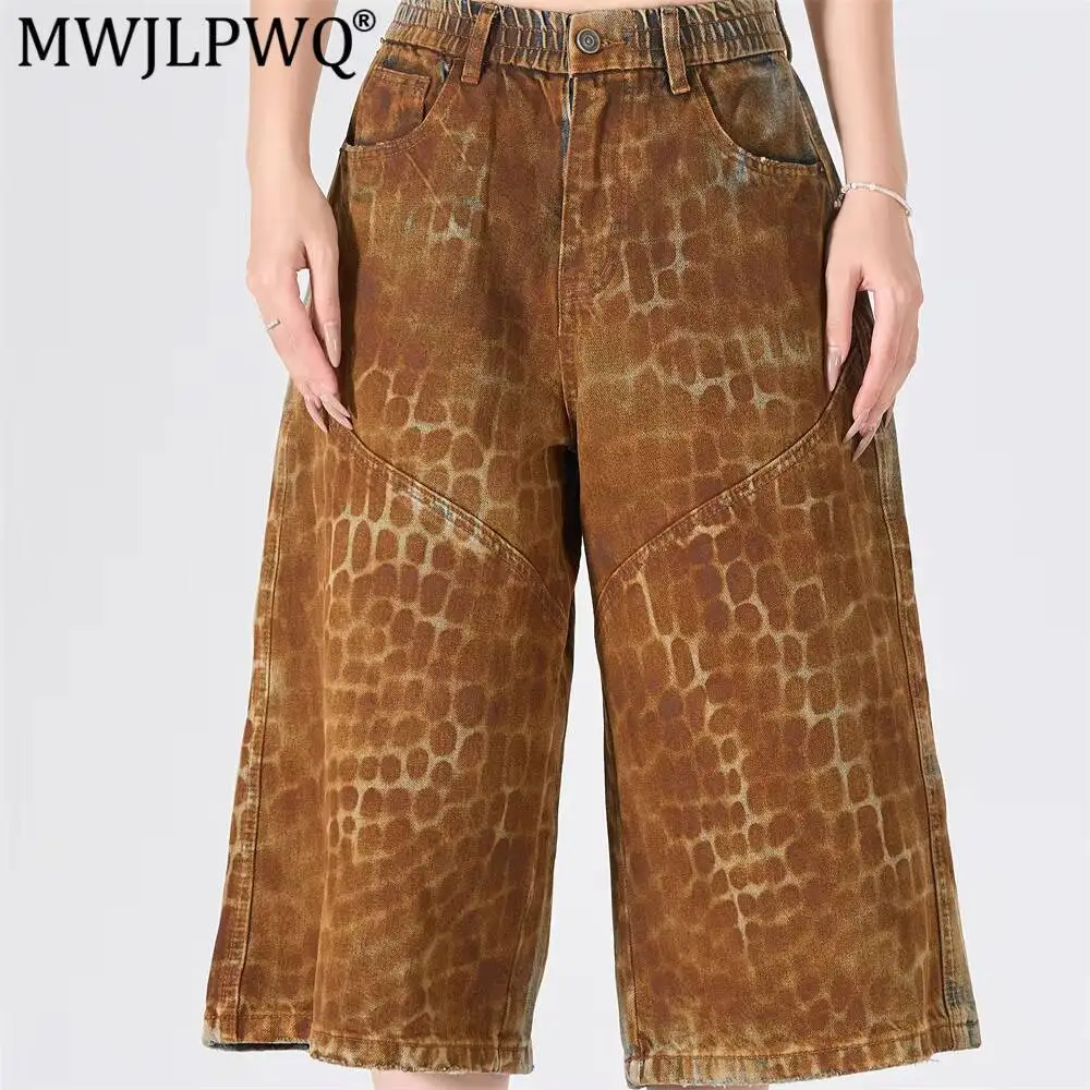 MWJLPWQ Fashion Leopard Print Distressed Cropped Denim For Men 2026 Summer Trendy Punk Niche Wide-Leg Straight Shorts New 17415