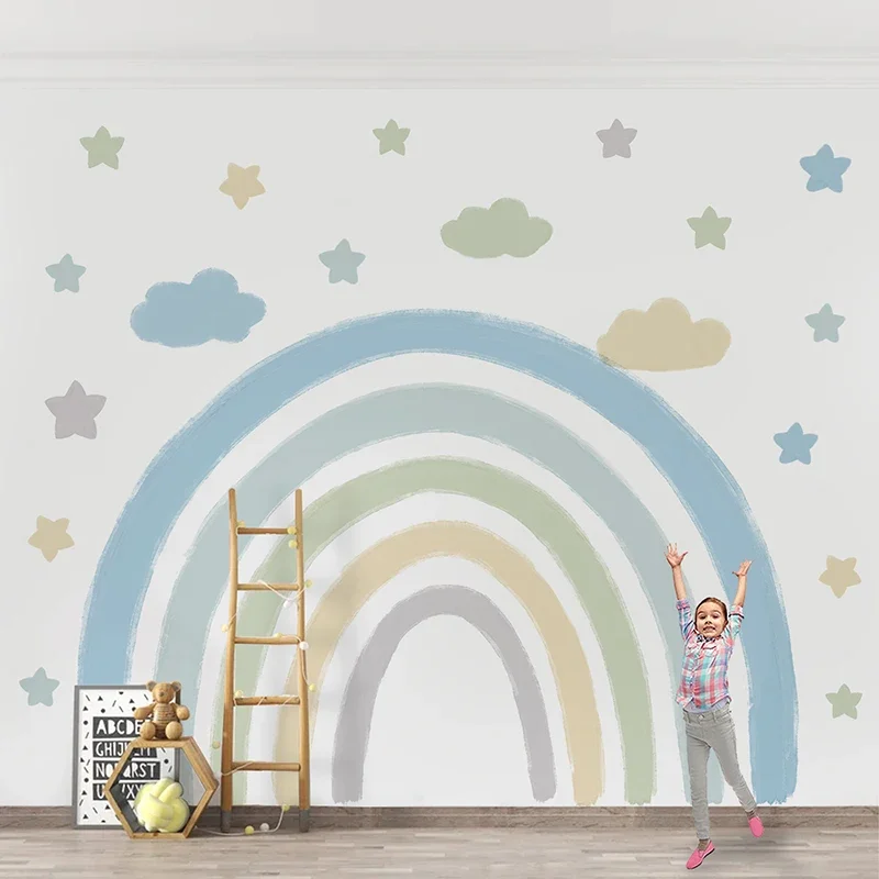 Large Watercolor Children's Rainbow Wall Stickers Self-adhesive Seamless Fabric Mural for Kids Room Living Room Home Decoration