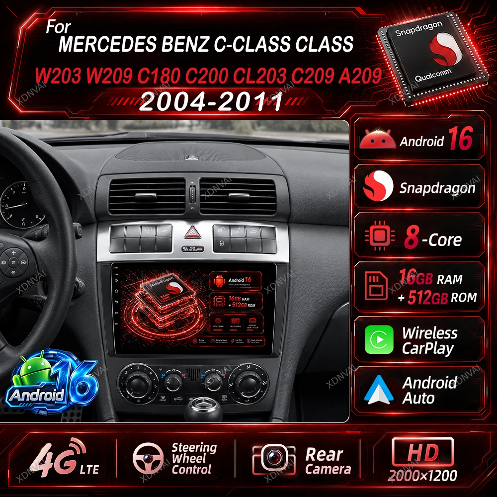 Android 16 Video Player For Mercedes Benz C-Class Class W203 W209 C180 C200 CL203 C209 A209 2004 - 2011 Car Radio Multimedia GPS