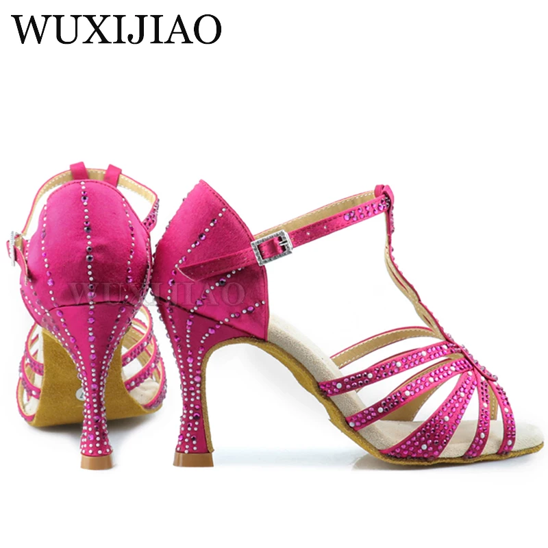 WUXIJIAO Latin Dance Shoes Women\'s New Fuchsia Satin Shiny Rhinestone Cuban High Heels 9cm Salsa Dance Shoes