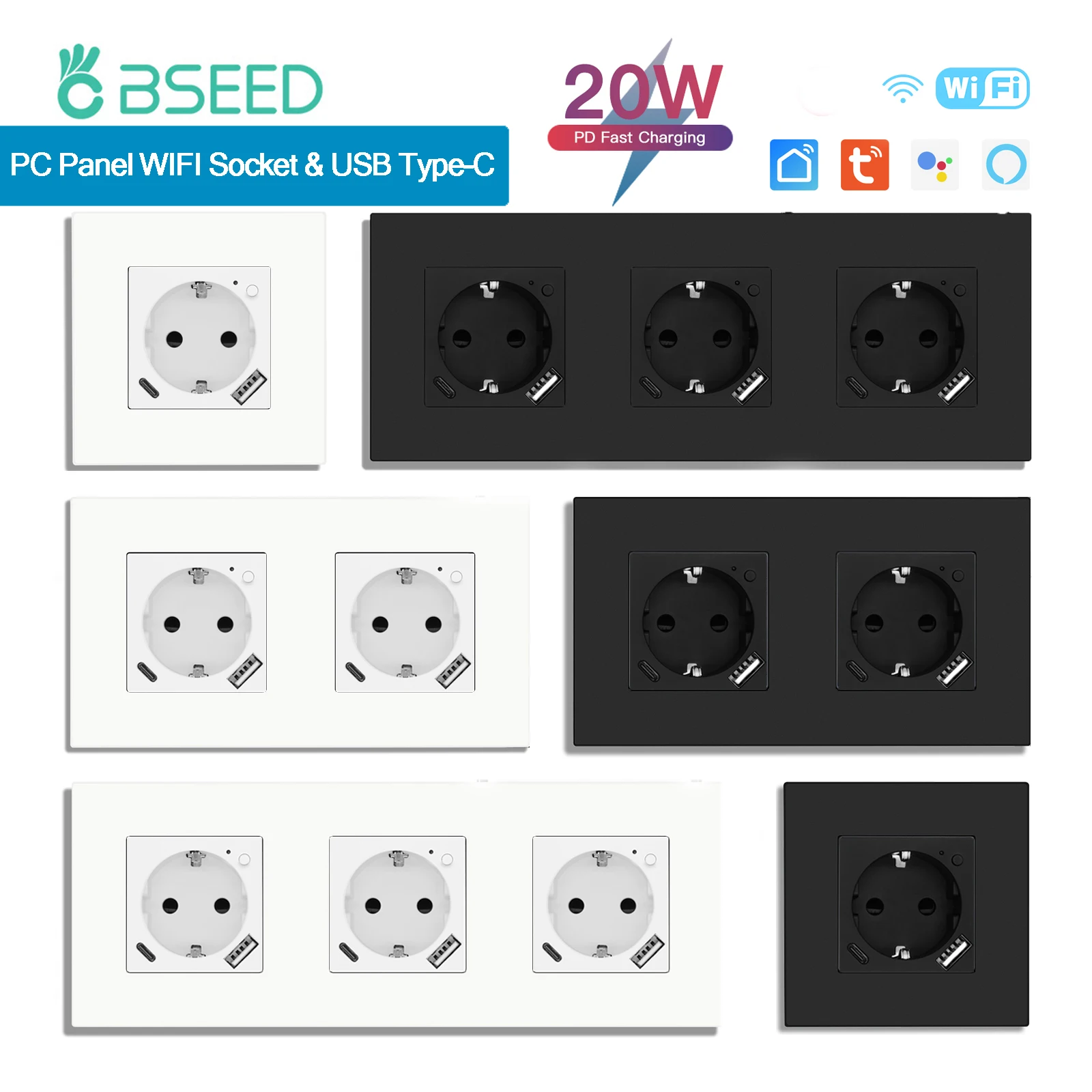 BSEED 와이파이 소켓 고속 충전 포트, USB C타입 플라스틱 패널, 스마트 전원 소켓, 구글 홈, 스마트 라이프, 알렉사 컨트롤, 20W 콘센트 