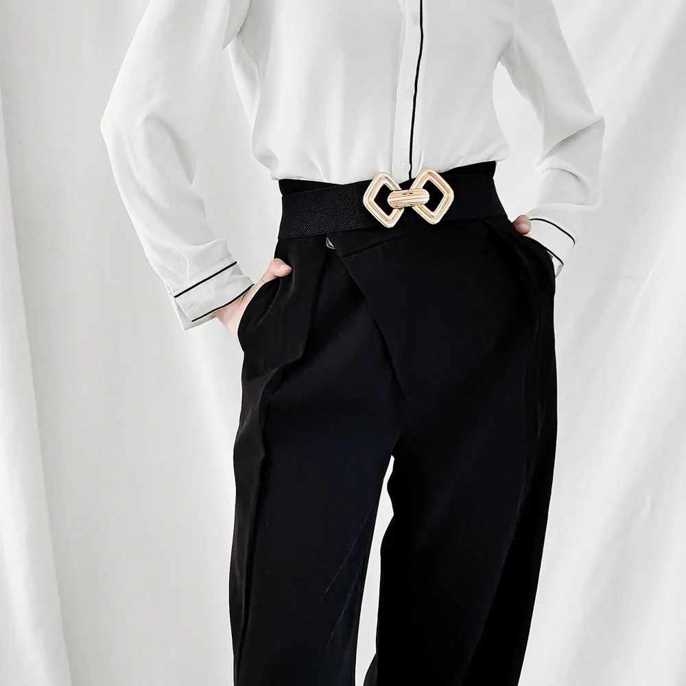 Women's multicolor waist wrap with elastic waistband in metal buckle is a slim-fit accessory with a dress