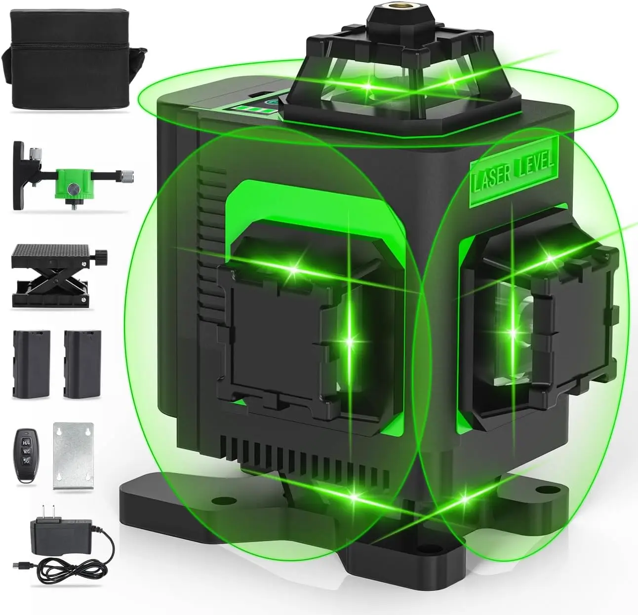 

4D Cross Line Laser Level, 4x360°, 130ft, Green Laser, Self-Leveling, 10000mAh Battery, Type-C, Adjustable Brightness