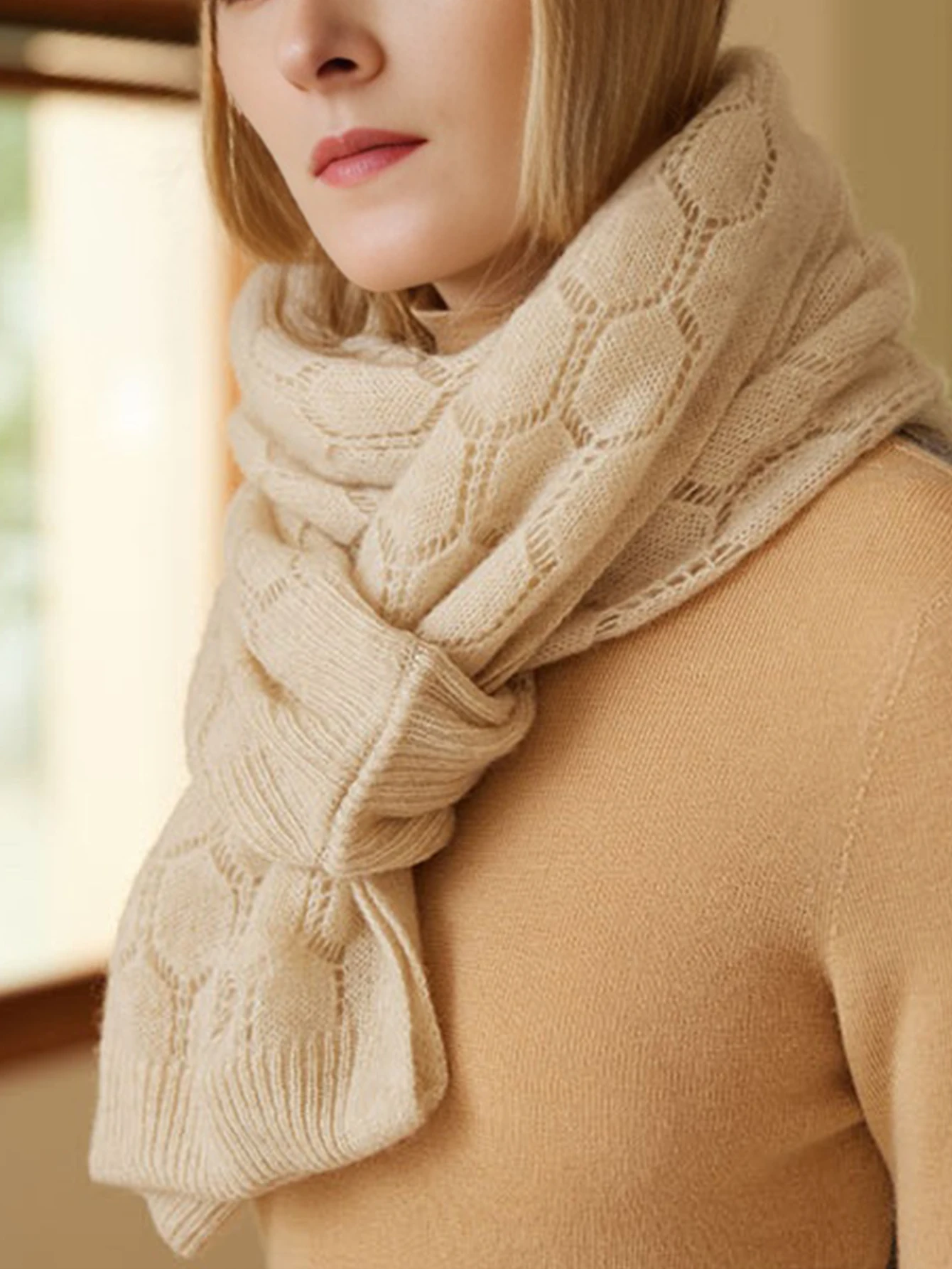 100%Wool  Knitted Scarf Cardigan Women Hollow Out Fashion Dual-Use Soft  Warm  Shawls Winter Autumn All Match Neck Warmer