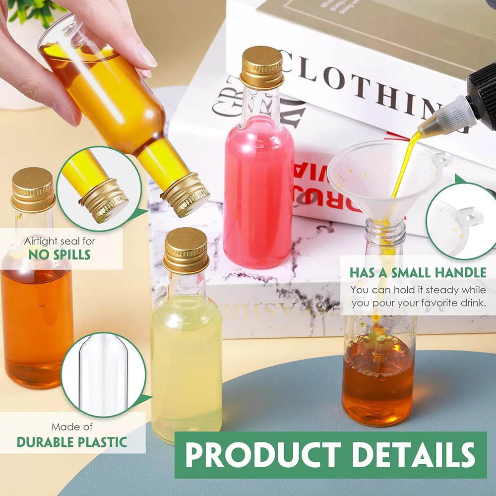 1.7oz Plastic Spirit Bottles Mini Liquor Bottles Set, Mini Plastic Alcohol Shot Bottles with Caps, Funnels, Kraft Tags for Party