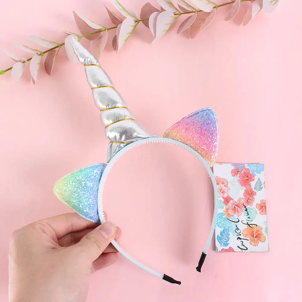 Rainbow Unicorn Headbands Can Flip Sequins Glitter Unicorn Girl Hairband Cat Ears Headwear Birthday Children Hair Accessories