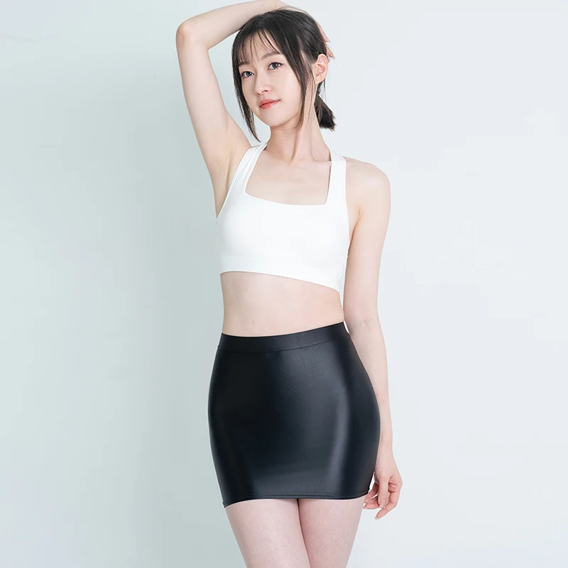 Satin oil Glossy Skirt Sexy Hip Wrap One Step Skirt Elastic Smooth Half Body sexy Super Short Skirt