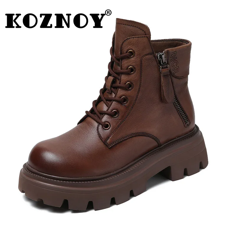 

Koznoy Woman Booties 5cm Ankle Boots Platform Wedge Autumn Spring Cow Genuine Leather Moccasins Winter Plush Cowgirl Flats Shoes