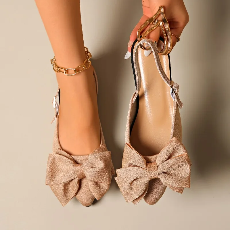 صنادل نسائية صيفية بفيونكة مسطحة باوتو 2025 جديدة بمقاس كبير بمقدمة مدببة وظهر فارغ