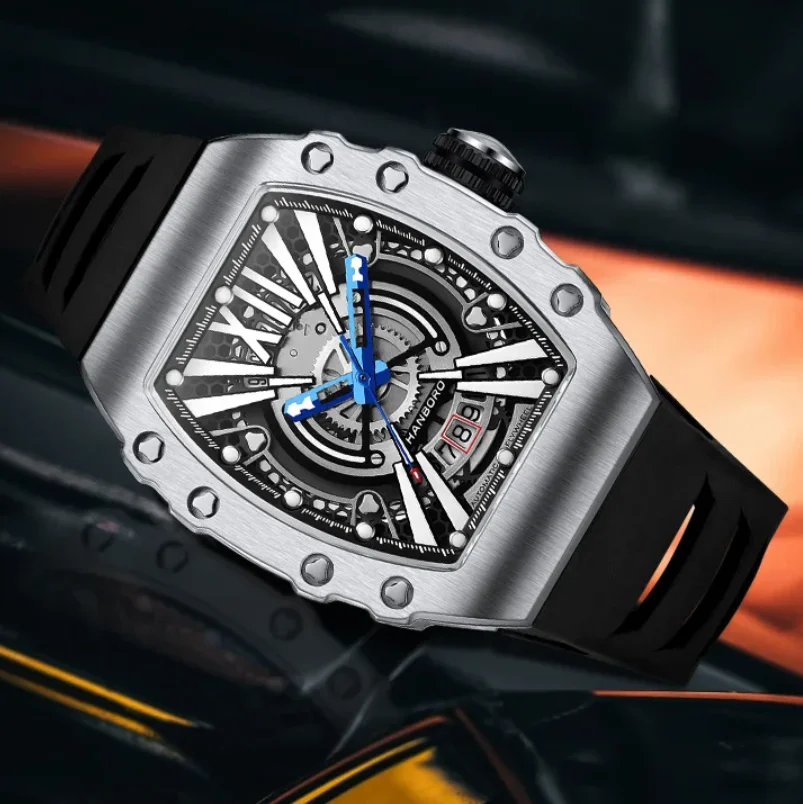 

HANBORO Men Automatic Watch 50MM Tonneau Mechanical Wristwatch Luminous 50M Waterproof Skeleton Dial Miyota8215