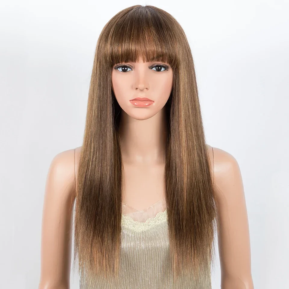 

Straight Human Hair Wigs With Bangs P4/30/27 Brown Wear To Go Brazilian 100% Remy Human Hair Wigs Full Machine Wig For Women