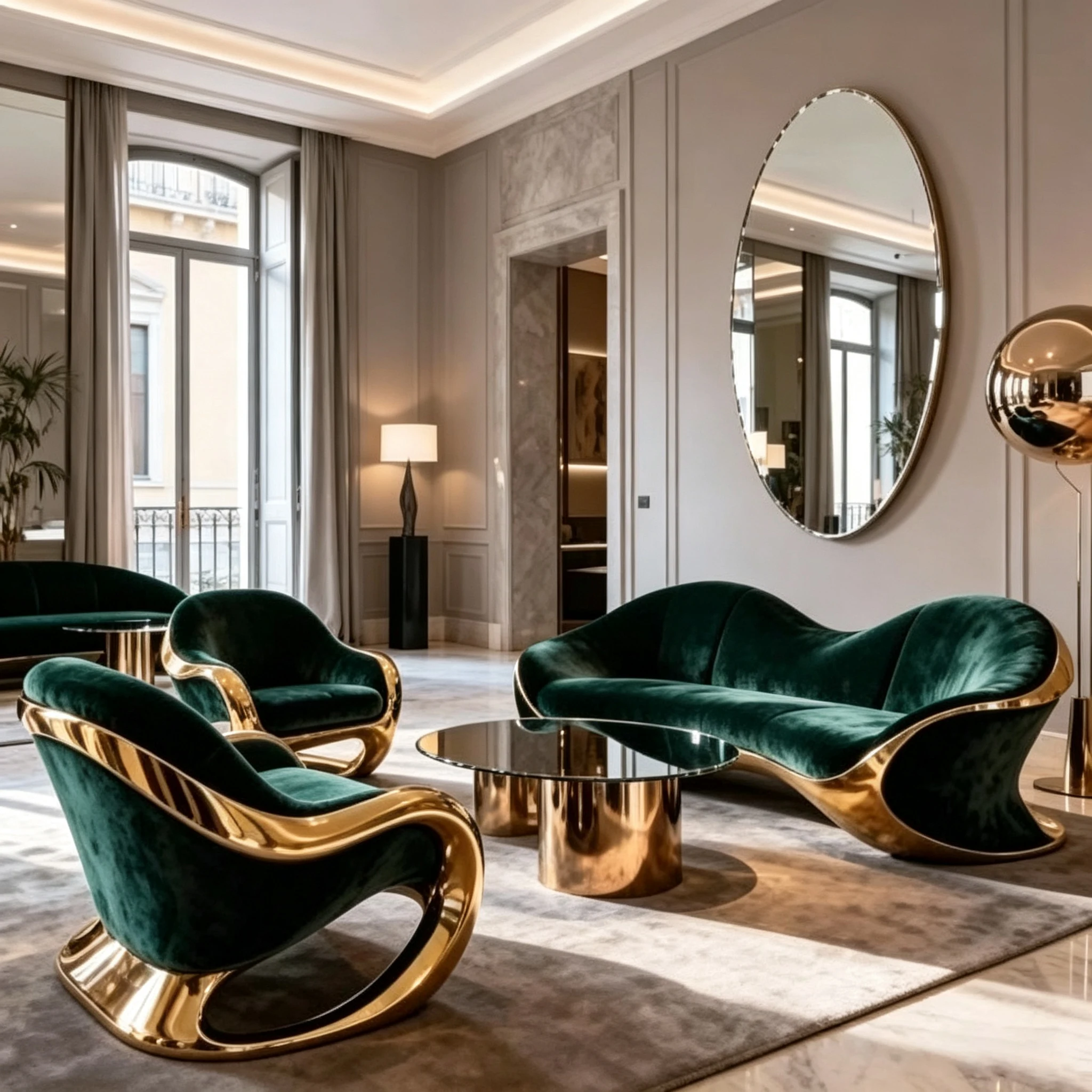 Z*-Deep Emerald Velvet Curved Household Sofa Mirror Polished  Outer Shell for High-End Residential Interior Decor^