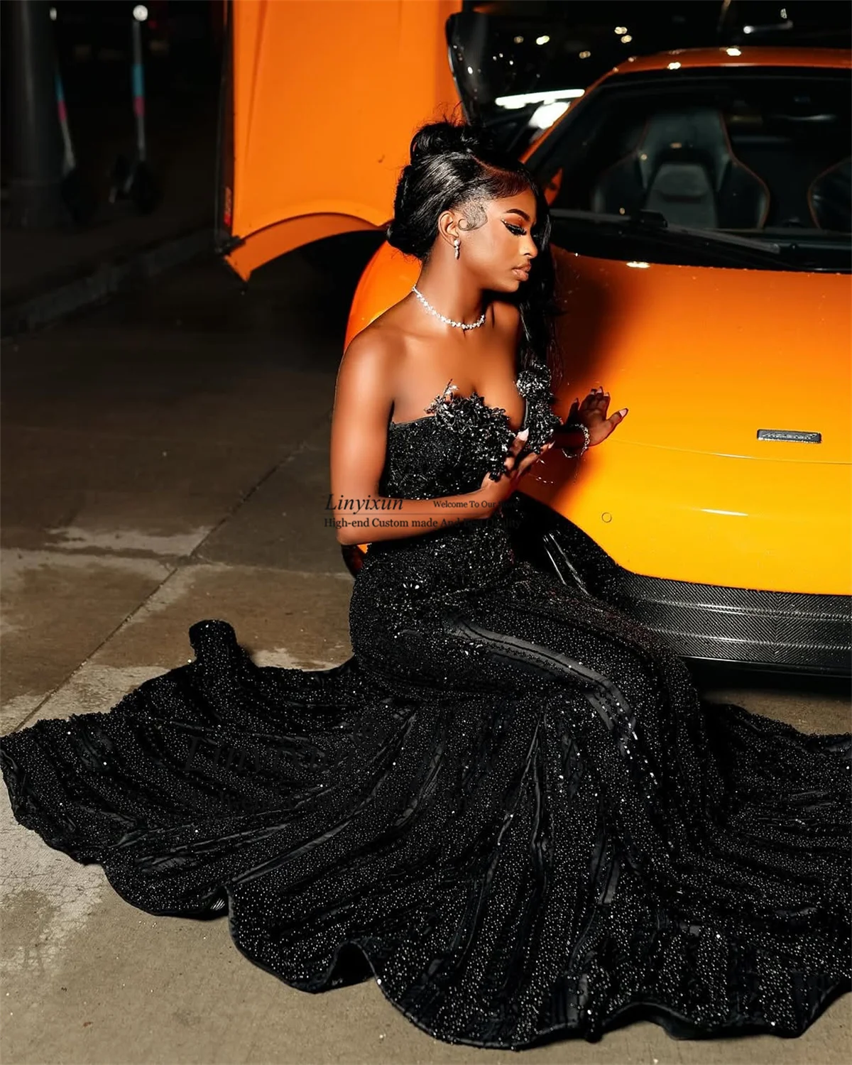 Glitter Sequin Mermaid Prom Dresses For Black Girls 3D Floars Crystal Evening Party Gown African Dubai Robes De Soire Customized