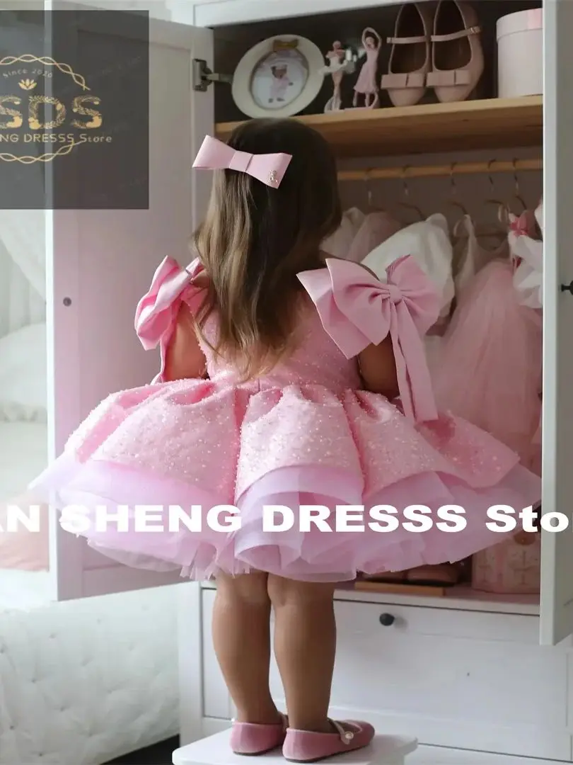 Customized Lovely Pink Flower Girl Dress for Wedding Sequins Beading with Bow Kids Birthday Party First Communion Ball Gowns