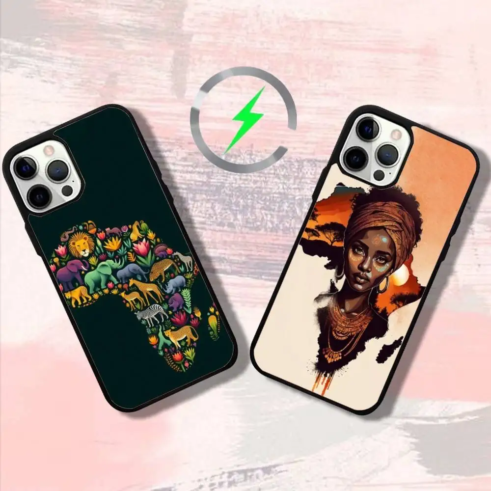 حافظة هاتف Geogra لخريطة أفريقيا لهواتف iPhone 16,15,14,13,12,11,Pro,Max,Plus,Mini,SE4,E شحن لاسلكي مغناطيسي Magsafe