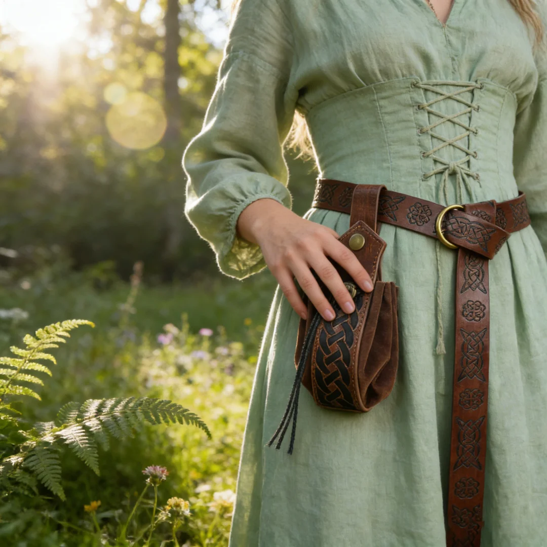 Conjunto de 2 peças: cinto de couro vintage com relevo e bolsa, unissex com argolas em O, para eventos de RPG medieval, Viking e Renascentista, Salão