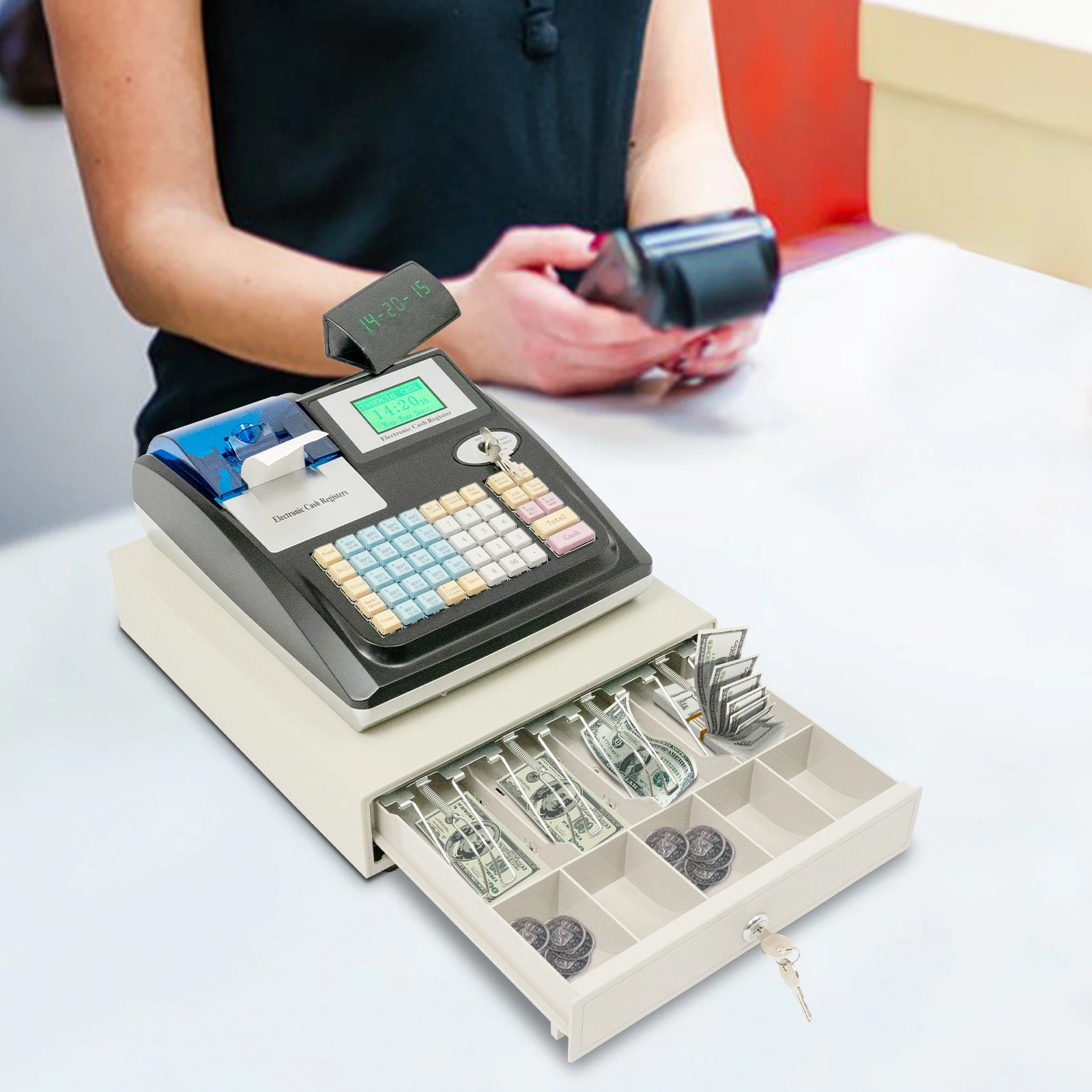 نظام تسجيل المدفوعات النقدية POS ذو 48 مفتاحًا مع شاشة مزدوجة ومثقّح الأوراق النقدية - ماكينة تسجيل النقود الإلكترونية لمتجر مطعم البيع بالتجزئة #1