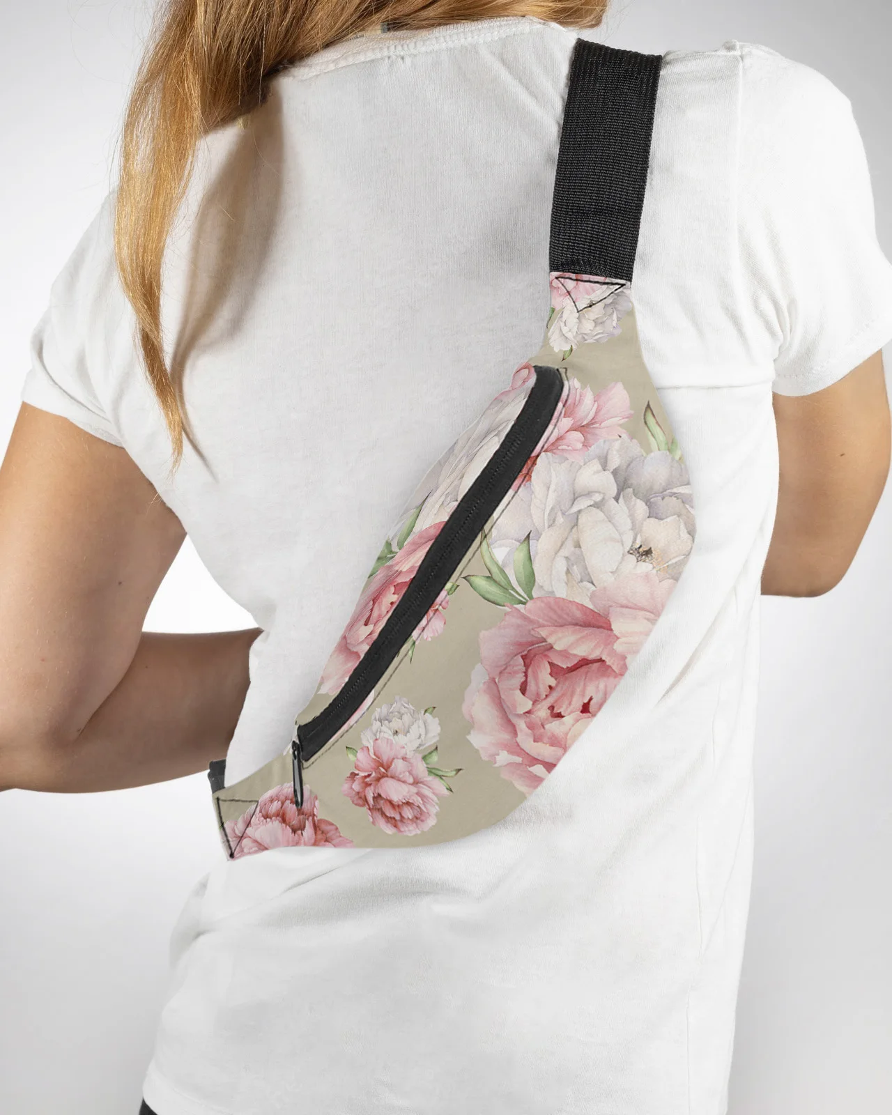 Riñonera de peonía con flores rosas para hombre y mujer, bolso de cintura, monedero grande para teléfono, cartera impermeable, bolsas de cadera de plátano