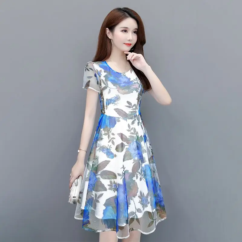 Feminino vintage impressão em torno do pescoço retalhos sheer floral vestido 2026 primavera verão nova camada base vestido fino mini vestido