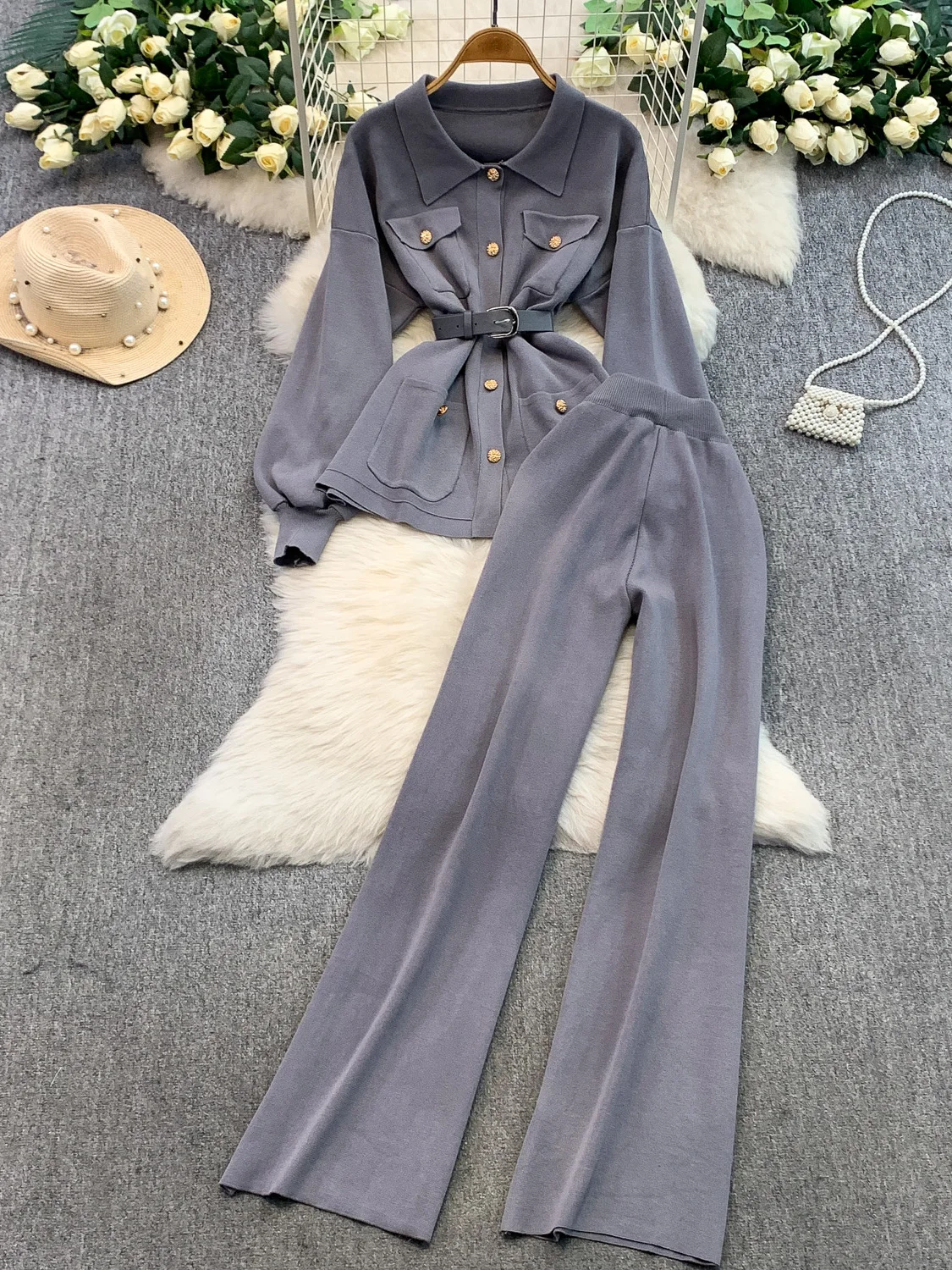 

Металлический синий жилет с эффектом похудения, комплект широких брюк с высокой талией, модная осенняя одежда Ele Sle для женщин