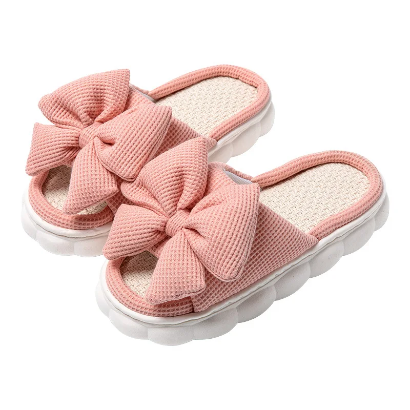 Wholesale Linen Slippers Women Indoor Slipper Comzy Anti-Slip House Cotton Shoes Cute Bowknot Flat Slipper Couples Slides Spring