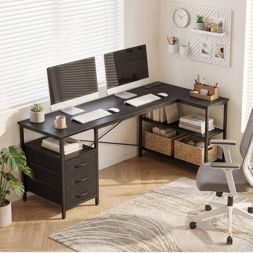 

47 Inch L-Shaped Gaming Desk with 3 Drawers, Shelves, and Power Outlets in Black