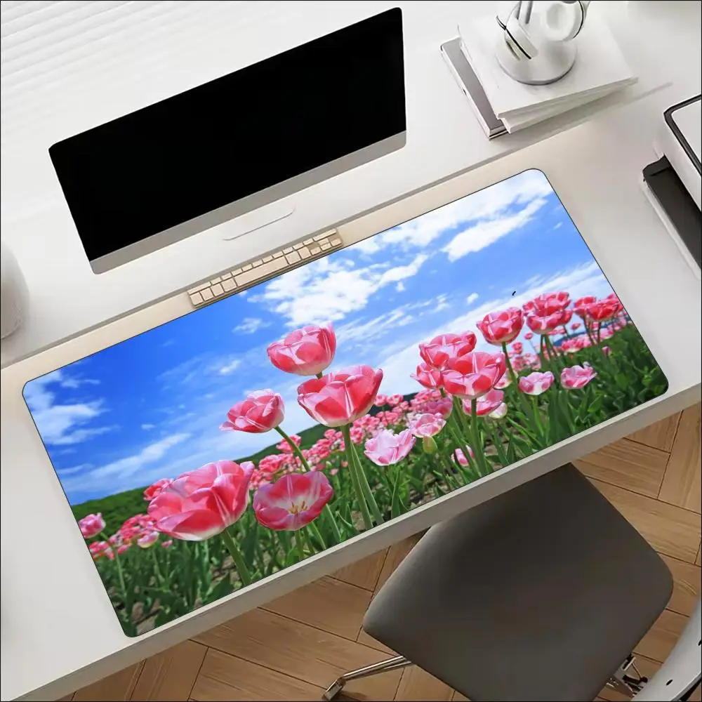 Long Gaming Mousepad Fresh Pink Tulips Blue Sky Spring Bokeh Anti Slip Rubber Backing Durable Stitched Edges for Teen Gamers