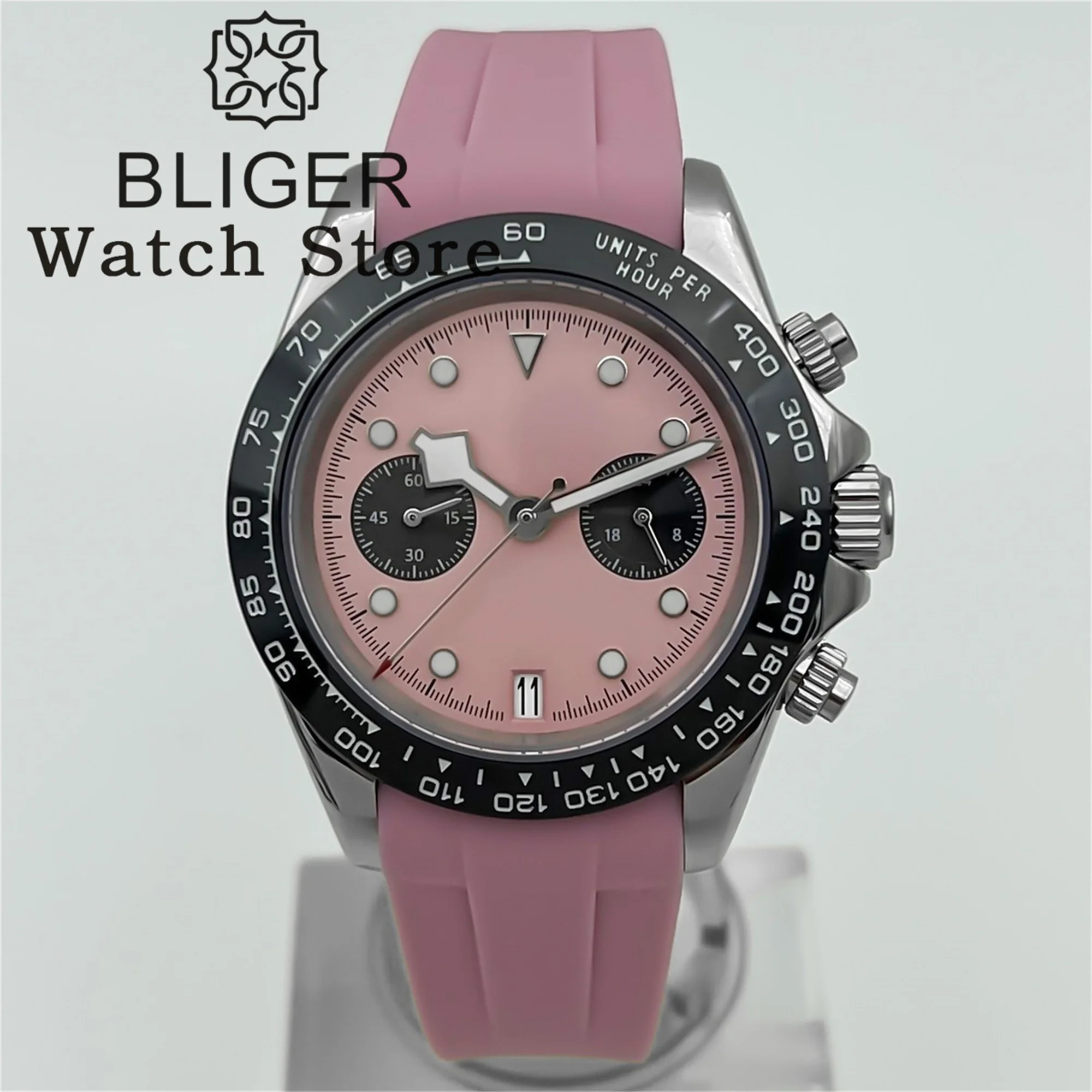 BLIGER 39mm VK64 Quartz Chronograph Watch For Men Black Pink Black Dial 5 Hand 6 O'clock Date Sapphire Crystal Rubber Strap