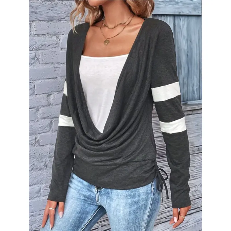 NEW-Women's Long Sleeve Shirts Draped Cowl Neck Color Block T Shirt Fall Going Out Tops