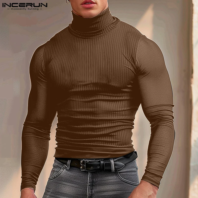 2024 INCERUN American Fashion Tops Men Casual High Collar Solid T-shirts Striped Lace Splicing Long Sleeve Tees Elegant Outfits