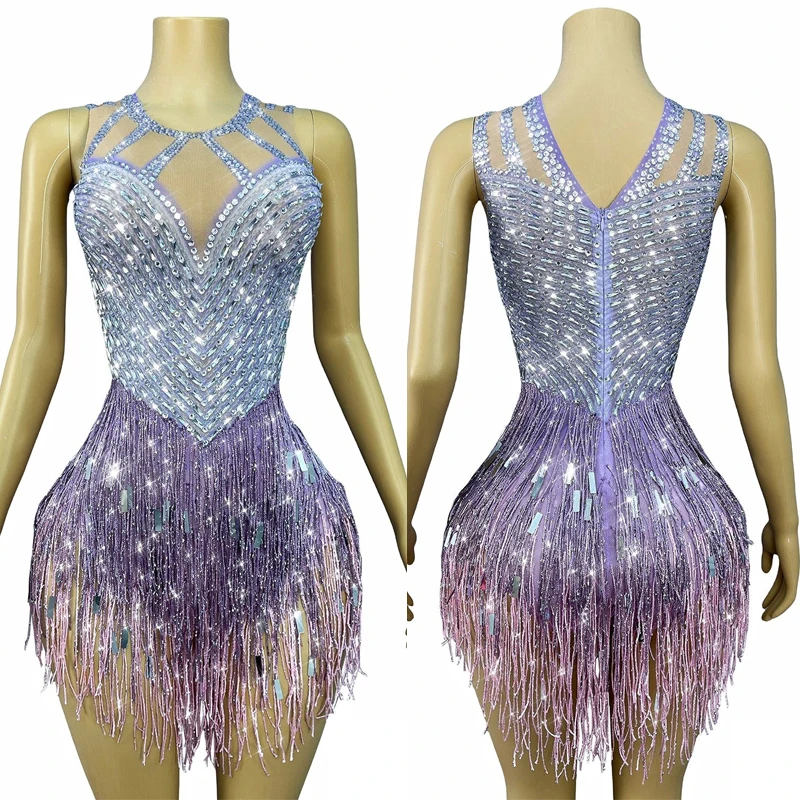 Błyszczący strój z cekinami i dżetami, damski kombinezon z frędzlami do tańca jazzowego, na imprezę w barze, klubie nocnym, dla DJ-a, na występy sceniczne, XS10284