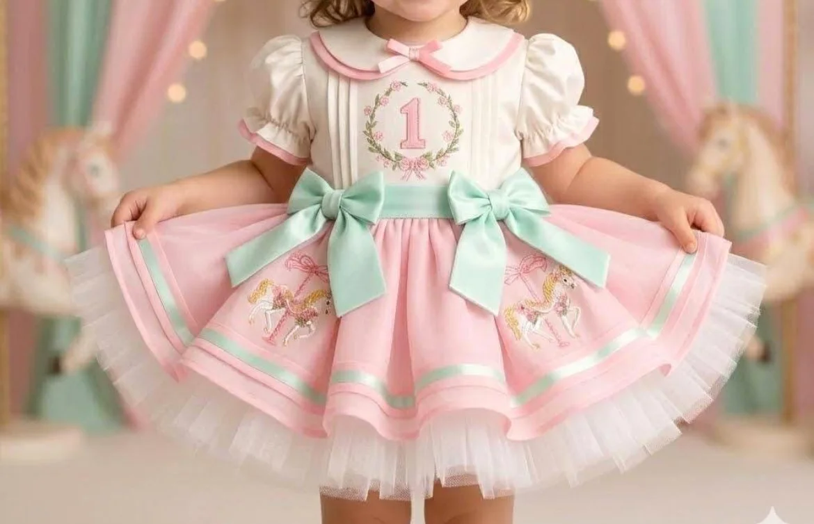 Summer Birthday Party Clothing for Girls, White Pink  Vintage Princess Dress with Carousel Embroidery+Two Bows Design B581
