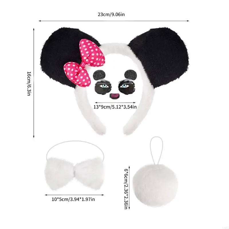Y88A 팬더 의상 세트 귀 머리띠 테일 보우 티 동물 의상 키트 액세서리 어린이 할로윈 코스프레 파티 소품