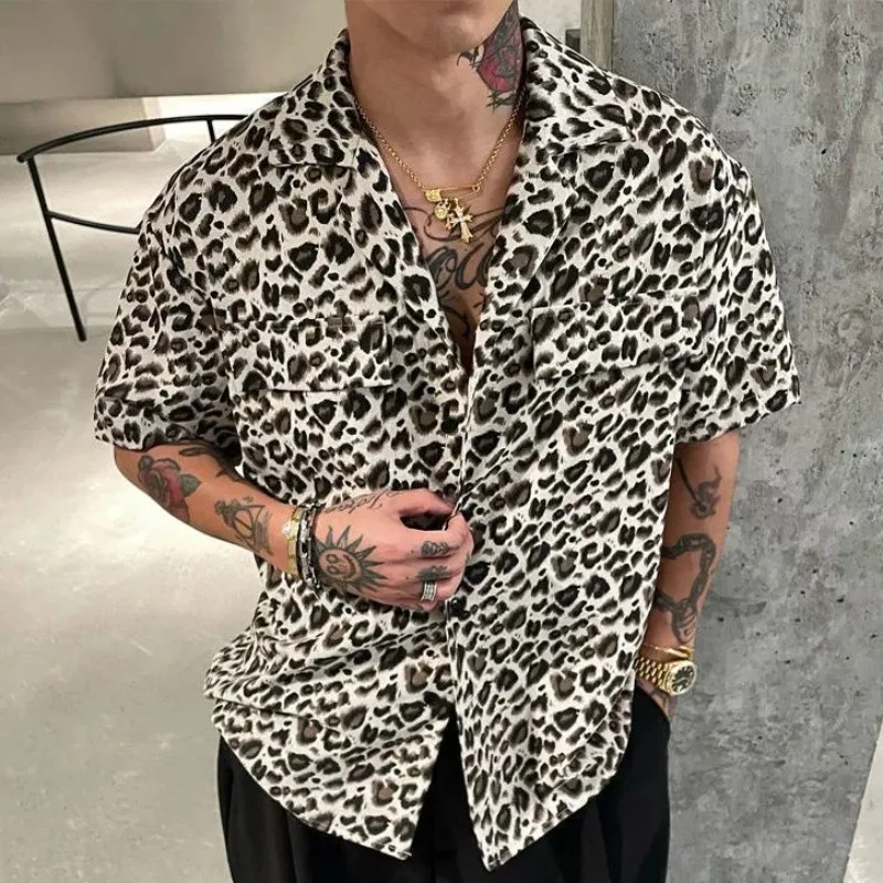 Men's Leopard Print Short Sleeve Shirt Cuban Collar Oversized Casual Streetwear For Daily Party Wear