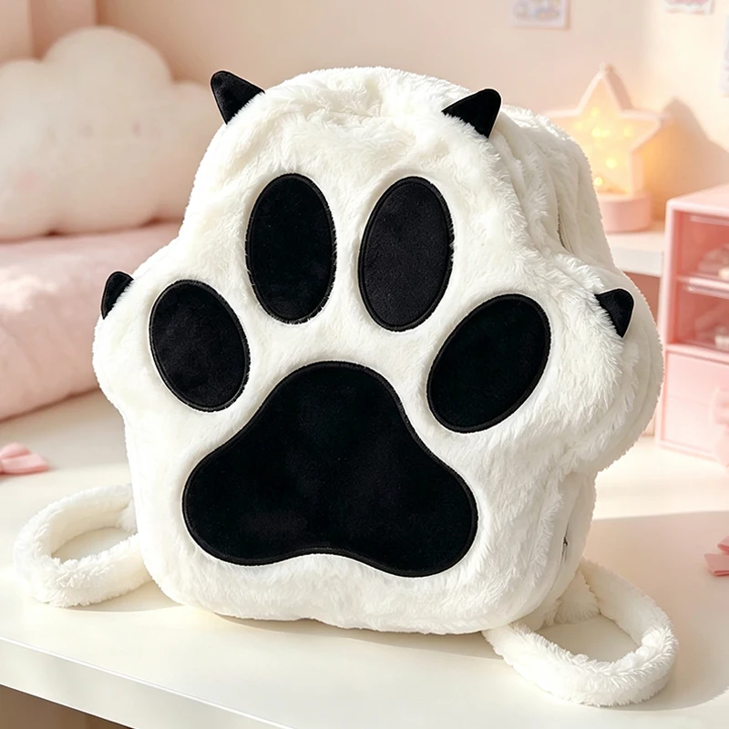 3D-Katzenpfoten-Plüsch-Rucksack, Niedlicher Kawaii Flauschiger Schulrucksack für Mädchen, Große Kapazität, Reise-Tagesrucksack, Geschenk für Herbst und Winter – Detail 2