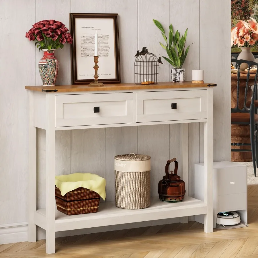 Farmhouse Console Table with 2 Drawer for Entryway Rustic Sofa Table with Open Storage Shelf Hallway Table with Wooden Frame fo