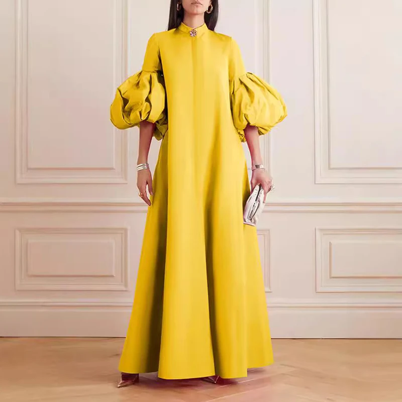 New Stand Collar Party Dresses Woman Elegant Luxury Spring Half Lantern Sleeve A-Line Long Dress Autumn Solid Floor-Length Dress