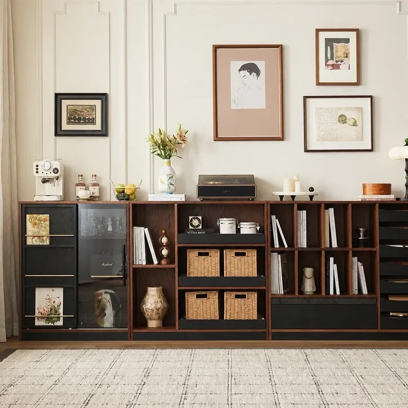 Retro Solid Wood Living Room Storage Cabinet Sofa Side Display Unit Wall Mounted Locker Antique Style Modular Furniture