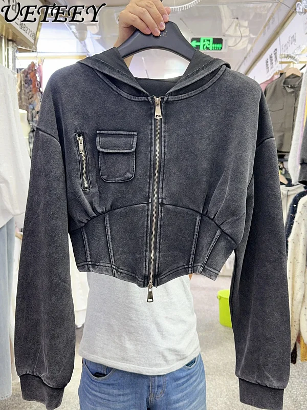 

Женская куртка с капюшоном и длинными рукавами в американском стиле ретро, весна-осень 2023, новый стиль, модное элегантное короткое облегающее пальто на молнии