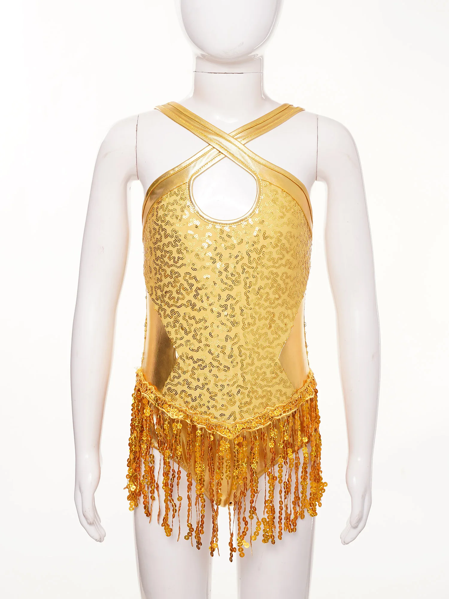 Bodysuit de dança latina sem mangas infantil, borla de lantejoulas, cha-cha, salsa, tango, rumba, samba, salão de baile, maiô dançante, menina