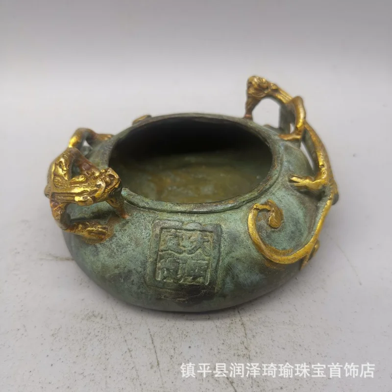 Brass Auspicious Beast Writing-Brush Washer Gilding Panlong Writing-Brush Washer Study Table Decorative Ornaments Brass Gilding