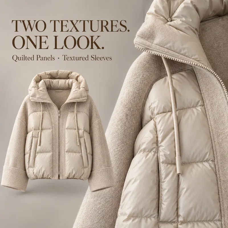 Women Hooded Padded Jacket Patchwork Textured Sleeves Zip Up Coat Loose Fit Autumn Winter Casual Outerwear with Pockets