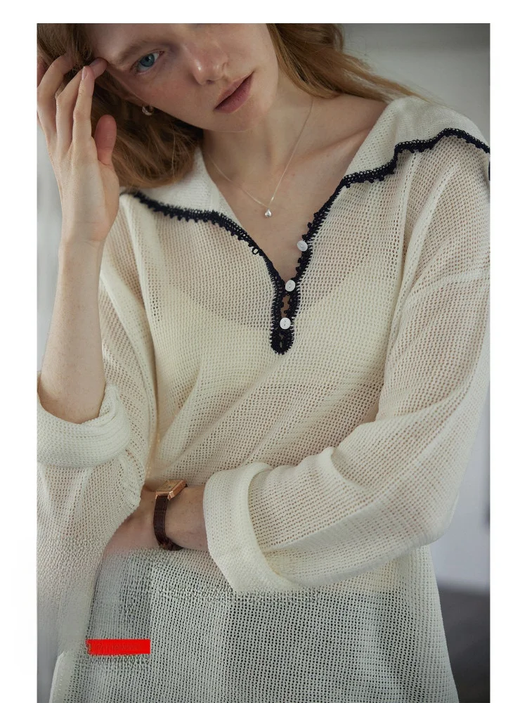 

Nice People 2025SS Long Sve Knitted Sweater Ruffle Hollow out Design Naval Collar Hand Crochet Slim Fit Sle Commute...