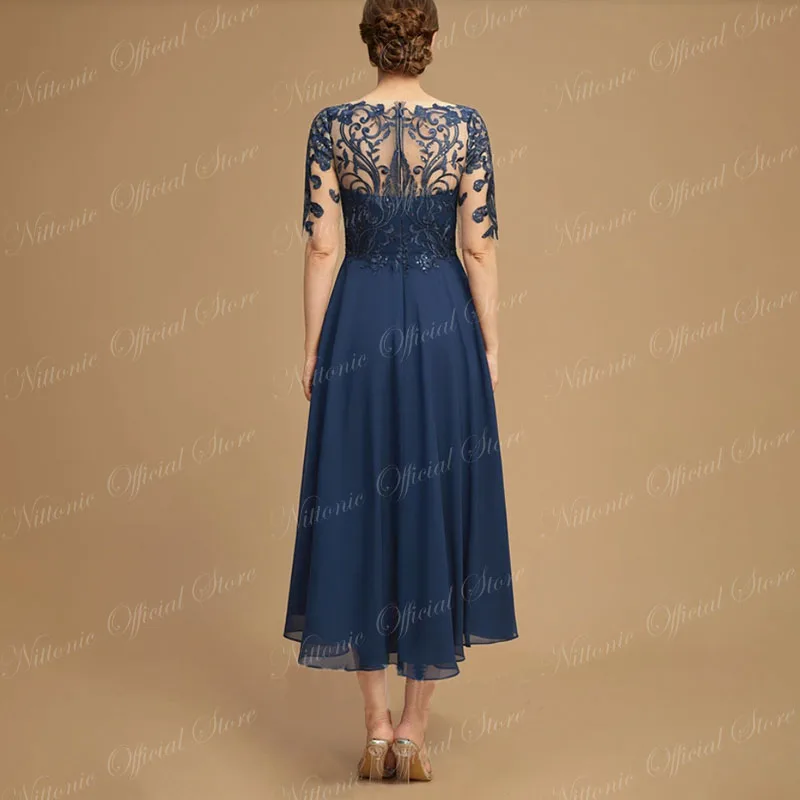 Long Elegant Mother of the Bride Dresses Sequins Boat-Neck Tea-Length A-Line Wedding Guest Party for Women 2023 Evening Gala New