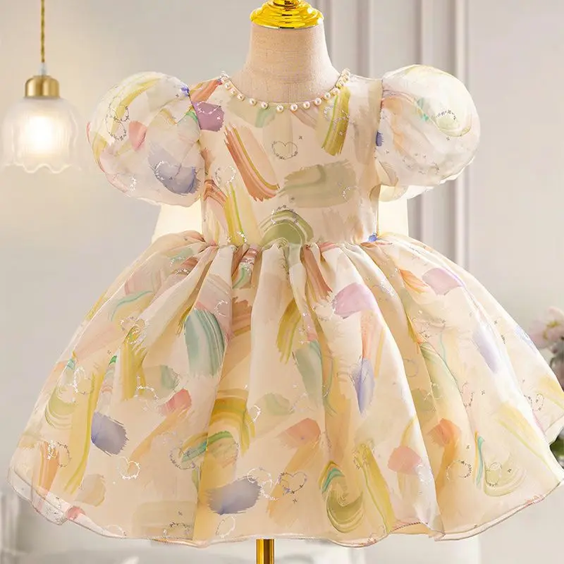 

Girls' Princess Dress 2024 New Summer Collection Bubble Sleeve Bow Print Puffy Dress for Baby and Little Girls